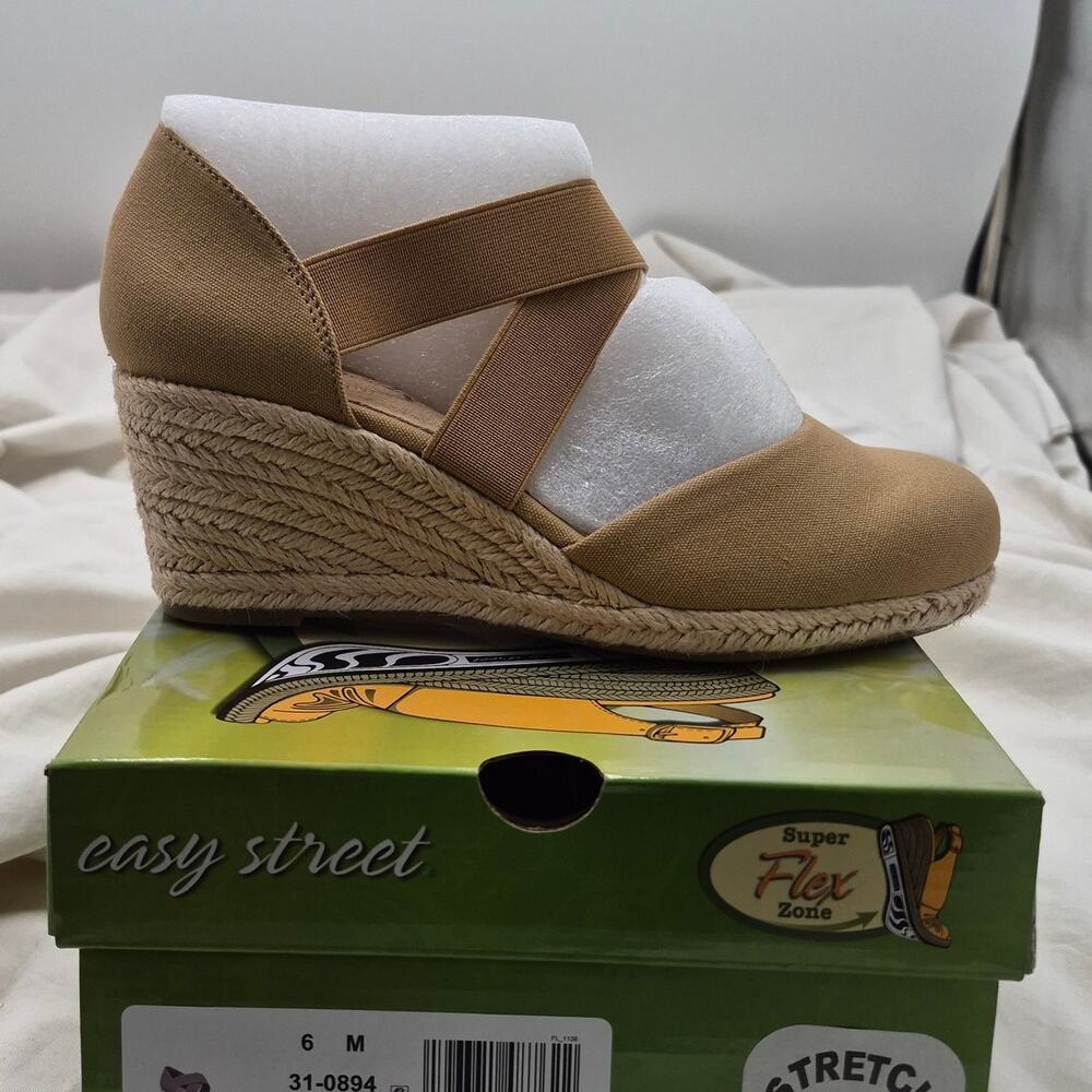 NEW Easy Street Pari Natural Canvas Elastic Strap Espadrille Wedge Sandal SZ 6